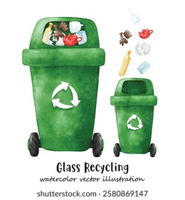 Waste segregation. Trash, Bin, Sorting and recycling garbage by material and type in colored trash cans. Recycling bin. illustration for zero waste, environment protection 