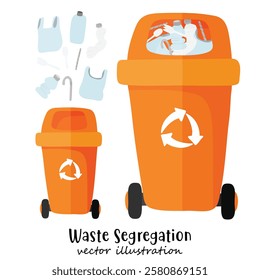 Waste segregation. Trash, Bin, Sorting and recycling garbage by material and type in colored trash cans. Recycling bin. illustration for zero waste, environment protection 