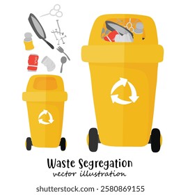 Waste segregation. Trash, Bin, Sorting and recycling garbage by material and type in colored trash cans. Recycling bin. illustration for zero waste, environment protection 