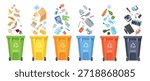 Waste segregation. Trash sorting, selective collect garbage separating recycling rubbish classification plastic bins containers glass bottle paper organic, neat vector illustration