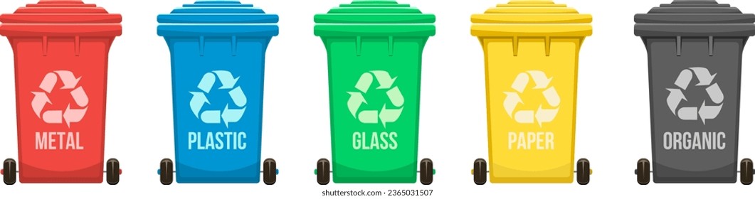 Waste segregation vector illustration. Colored trash cans for sorting garbage by material and type.