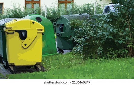 Ilustración vectorial que muestra contenedores de basura. Verde para residuos municipales mixtos, amarillo para envases plásticos y verde para vidrio. Los ciudadanos reciclan y ayudan al medio ambiente.