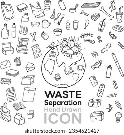 Waste separation hand drawn icon set. Earth with garbage and waste line drawn illustration environmental concept design eps.