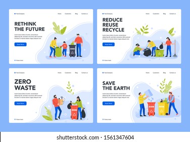 Waste separation and recycle. Environment care, people sort garbage in containers for recycling to stop pollution and preservation of environment landing page template. Eco friendly lifestyle