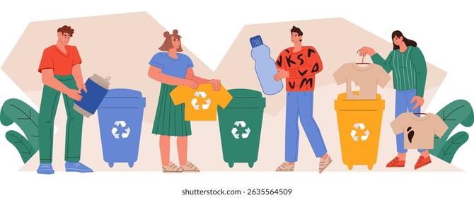 conceito de separação e reciclagem de resíduos. Pessoas coletando e armazenando materiais recicláveis em recipientes para reduzir a produção de lixo, projeto de banner vetorial isolado no branco.