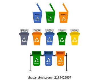 Waste separation. Vector set with different trash cans. Waste sorting by material and type in colored trash cans. Separation and recycling of garbage vector infographic. Garbage, ecological trash.