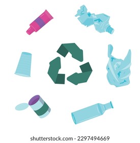 Waste set. Bottles, tubes, bags, cups. Vector illustration isolated on white background.