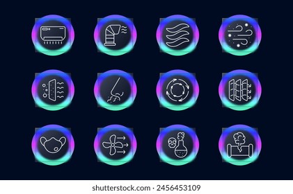 Waste set icon. Air conditioner, air freshener, harmful fumes, wind, dust, air filtration, blower pipe, fan, broken pipe, gas, skull, poison, mask, circulation, glassmorphism. Atmosphere concept.