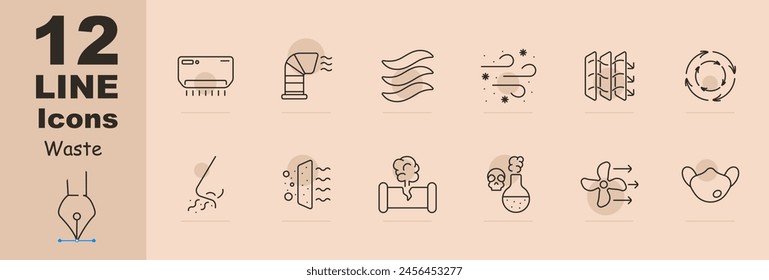 Waste set icon. Air conditioner, air freshener, harmful fumes, air, wind, dust, air filtration, blower pipe, fan, broken pipe, gas, skull, poison, mask, circulation. Atmosphere concept.