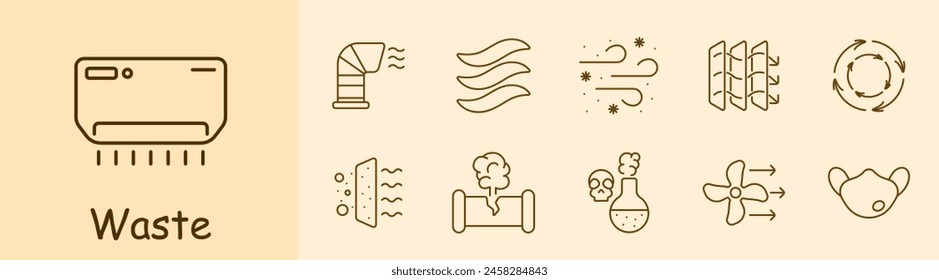 Icono de conjunto de residuos. Acondicionador de aire, ambientador de aire, gases dañinos, aire, viento, polvo, filtración de aire, tubo del ventilador, ventilador, tubo roto, gas, cráneo, veneno, máscara, circulación. El concepto de atmósfera.