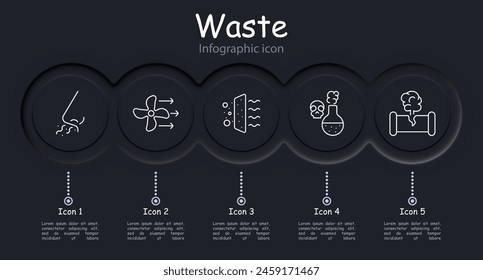 Waste set icon. Air conditioner, air freshener, harmful fumes, wind, dust, air filtration, blower pipe, fan, infographic, gas, skull, poison, infographic, circulation. Atmosphere concept.