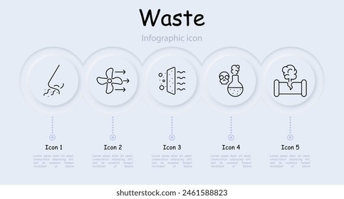 Waste set icon. Air conditioner, air freshener, harmful fumes, wind, dust, air filtration, blower pipe, fan, infographic, gas, skull, poison, infographic, circulation. Atmosphere concept.