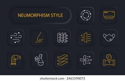 Waste set icon. Air conditioner, air freshener, harmful fumes, air, wind, dust, air filtration, blower pipe, fan, broken pipe, gas, skull, poison, mask, circulation, neomorphism. Atmosphere concept.