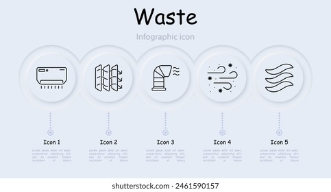 Waste set icon. Air conditioner, air freshener, harmful fumes, air, wind, dust, air filtration, blower pipe, fan, infographic, circulation. Atmosphere concept.