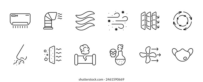 Symbol "Abfallsatz". Klimaanlage, Lufterfrischer, schädliche Dämpfe, Luft, Wind, Staub, Luftfiltration, Gebläserohr, Ventilator, gebrochenes Rohr, Gas, Schädel, Gift, Maske, Zirkulation. Atmosphärisches Konzept.