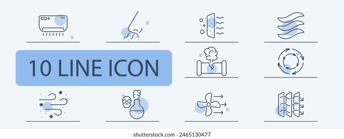 Waste set icon. Air conditioner, air freshener, harmful fumes, air, wind, dust, air filtration, blower pipe, fan, broken pipe, gas, skull, poison, mask, circulation. Atmosphere concept.