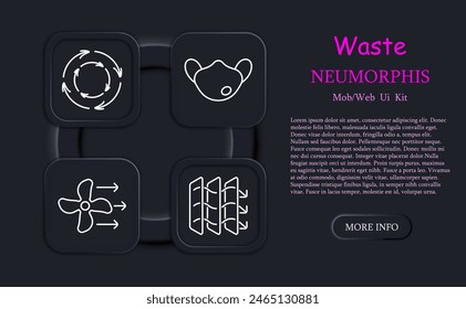 Waste set icon. Air conditioner, air freshener, harmful fumes, air, wind, dust, air filtration, fan, neomorphism, gas, blades, poison, mask, circulation. Atmosphere concept.