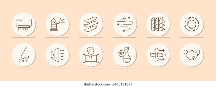 Waste set icon. Air conditioner, air freshener, harmful fumes, air, wind, dust, air filtration, blower pipe, fan, broken pipe, gas, skull, poison, mask, circulation. Atmosphere concept.