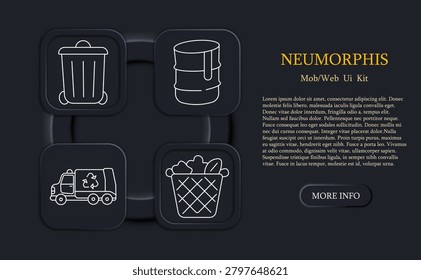 Waste set icon. Bin, barrel, truck, basket, garbage, recycling, disposal, environment, trash, collection, sanitation, ecology, clean, service, management, refuse