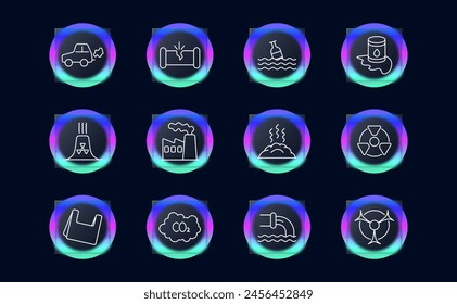 Waste set icon. Car, gas, refuse, tailings, cheeseparings, cracked pipe, bottle, water, garbage in ocean, radiation, rubbish, nuclear plant, nuclear waste, CO2, glassmorphism. Refuse concept.