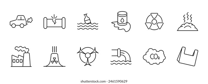 Icono de conjunto de residuos. Coche, gas, basura, relaves, repuestos de queso, tubería agrietada, botella, agua, basura en el océano, radiación, basura, planta nuclear, residuos nucleares, CO2, gas de carbono. Rechazar el concepto.