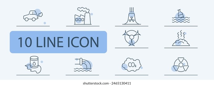 Icono de conjunto de residuos. Coche, gas, basura, relaves, repuestos de queso, tubería agrietada, botella, agua, basura en el océano, radiación, basura, planta nuclear, residuos nucleares, CO2, gas de carbono. Rechazar el concepto.