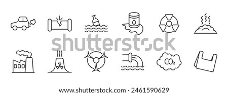 Waste set icon. Car, gas, refuse, tailings, cheeseparings, cracked pipe, bottle, water, garbage in ocean, radiation, rubbish, nuclear plant, nuclear waste, CO2, carbon gas. Refuse concept.