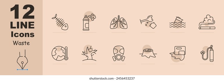 Waste set icon. Fish skeleton, refuse, tailings, cheeseparings, spray can, paint, lungs, glass, plastic, garbage in water, environmental pollution, gas mask, dead tree, wood cutting. Refuse concept.