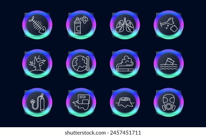 Waste set icon. Fish skeleton, refuse, tailings, cheeseparings, spray can, paint, lungs, glass, plastic, garbage in water, environmental pollution, gas mask, dead tree, glassmorphism. Refuse concept.