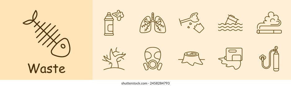 Waste set icon. Fish skeleton, refuse, tailings, cheeseparings, spray can, paint, lungs, glass, plastic, garbage in water, environmental pollution, gas mask, dead tree, wood cutting. Refuse concept.