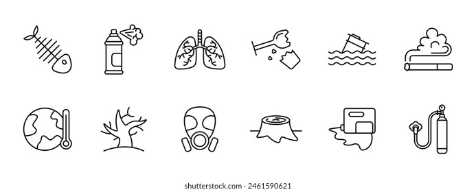 Waste set icon. Fish skeleton, refuse, tailings, cheeseparings, spray can, paint, lungs, glass, plastic, garbage in water, environmental pollution, gas mask, dead tree, wood cutting. Refuse concept.