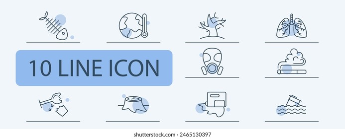 Waste set icon. Fish skeleton, refuse, tailings, cheeseparings, spray can, paint, lungs, glass, plastic, garbage in water, environmental pollution, gas mask, dead tree, wood cutting. Refuse concept.