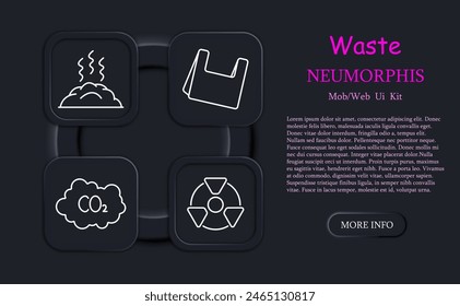 Waste set icon. Gas, refuse, tailings, cheeseparings, cracked pipe, neomorphism, polluted air, garbage, manure, rubbish, sweepings, CO2, carbon gas. Refuse concept.