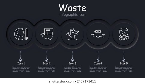 Waste set icon. Infographic, refuse, tailings, cheeseparings, spray can, neomorphism, lungs, plastic, garbage in water, environmental pollution, gas mask, dead tree, wood cutting. Refuse concept.