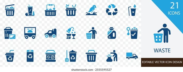 Waste solid icon set. containing recycle, compost, landfill, pollution, e-waste, plastic, zero-waste and more vector design