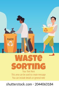 Waste sorting banner with volunteers put garbage in trash containers for recycling, flat vector illustration. Cleanup volunteering environment saving campaign.