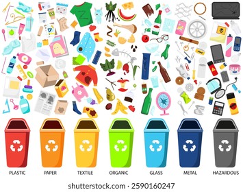 Waste sorting. Big collection of garbage types. Organic, paper, metal, hazardous, textile, glass, plastic trash icons, bins