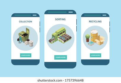 Blindajes de clasificación de residuos recolección de basura reciclar 3 pantallas isométricas de smartphone composiciones diseños de aplicaciones móviles ilustración vectorial 