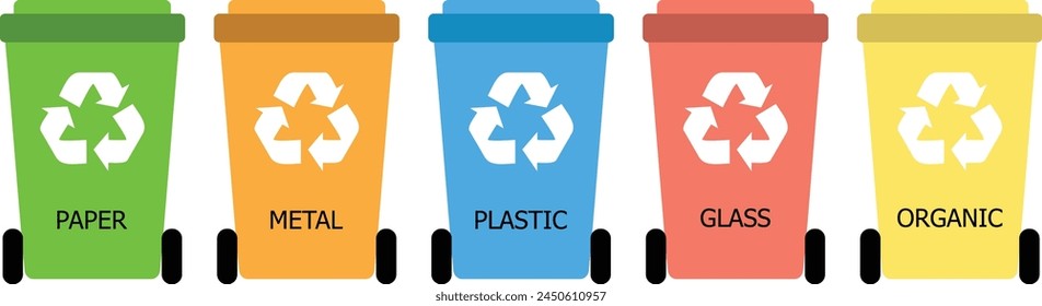 Waste sorting bins icon colorful. Line organic, paper, metal, glass, plastic garbage box. Earth day or zero waste ecological concept. Rubbish or junk recycling containers 