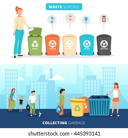 Waste sorting bins for paper plastic glass and batteries 2 flat banners with garbage collectors abstract vector illustration 