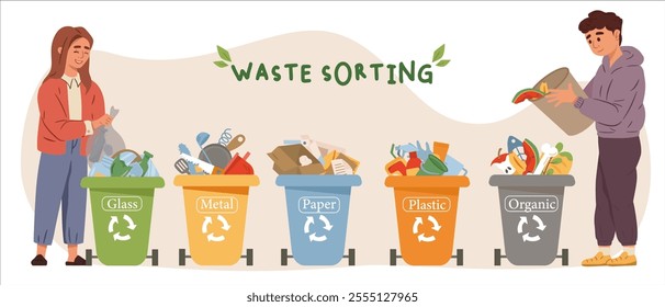 Waste sorting bins with people organizing trash. Vector illustration