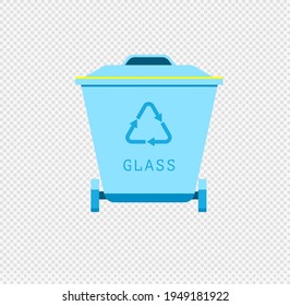 Waste sorting blue bin for glass. Recycle garbage ecology safety object on white background. Trash separation vector illustration