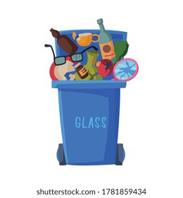 Waste Sorting, Blue Trash Can with Glass Sorted Garbage, Segregation and Separation Rubbish Disposal Refuse Bin Vector Illustration