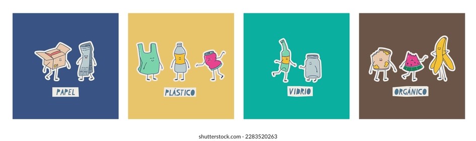 Waste sorting classification in Spanish. Translation - paper, plastic, glass, organic. Cute kawaii trash characters. Vector illustrations for design, stickers, etc.