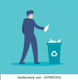 Waste sorting. Collect plastic bottles into garbage bag vector