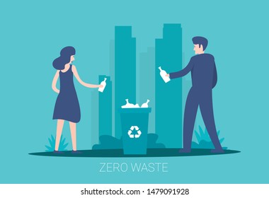 Waste sorting. Collect plastic bottles into garbage bag vector