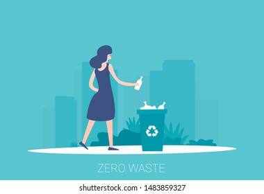 Waste sorting. Collect plastic bottles into garbage bag vector