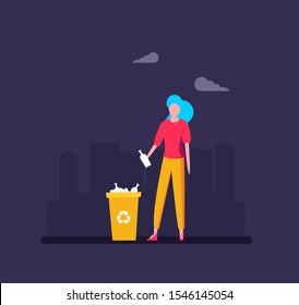 Waste sorting. Collect plastic bottles into garbage bag vector