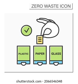 Waste sorting color icon. Hand putting paper in trash container. Concept of recycling, garbage sorting and environment friendly consumption. Isolated vector illustration