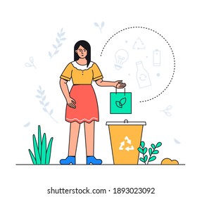 Waste sorting - colorful flat design style illustration with line elements on white background. A composition with a woman taking out the trash, dropping a bag into a recycling bin. Eco lifestyle idea